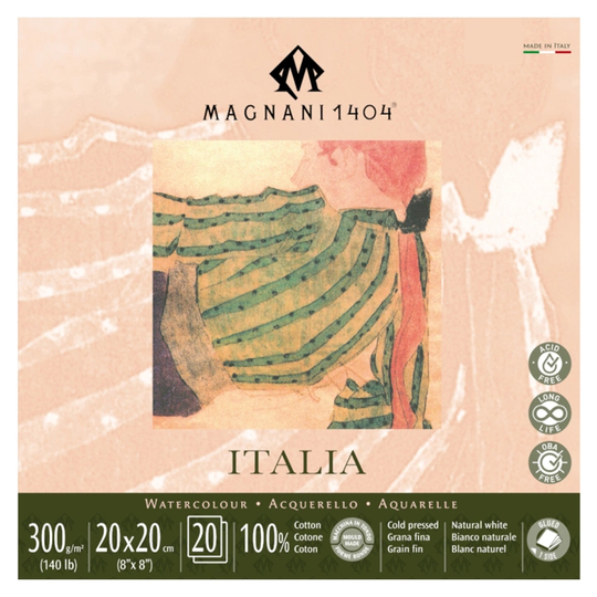 Magnani Akvarelliilehtiö Italia 100% Puuvilla 300g Fine Grain 20x20cm 20 Sheet