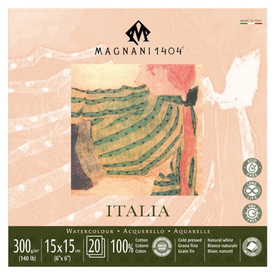 Magnani Akvarelliilehtiö Italia 100% Puuvilla 300g Fine Grain 15x15cm 20 Sheet