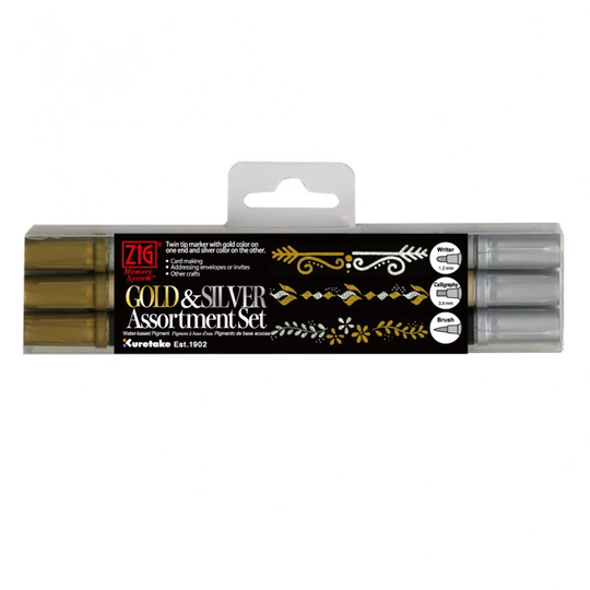 ZIG Kuretake Twin Tip Marker Kulta/Hopea 3-setti
