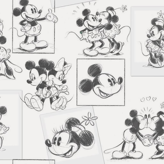 Kids at Home Tapetti Mickey and Minnie luonnos mustavalkoinen