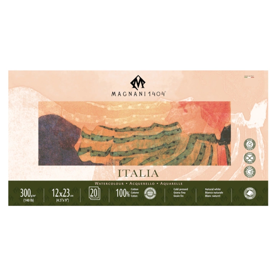 Magnani Akvarelliilehtiö Italia 100% Puuvilla 300g Fine Grain 12x23cm 20 Sheet