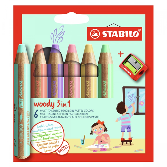 Stabilo Woody 3-in-1 Värikynät Pastelli 6-setti + teroitin